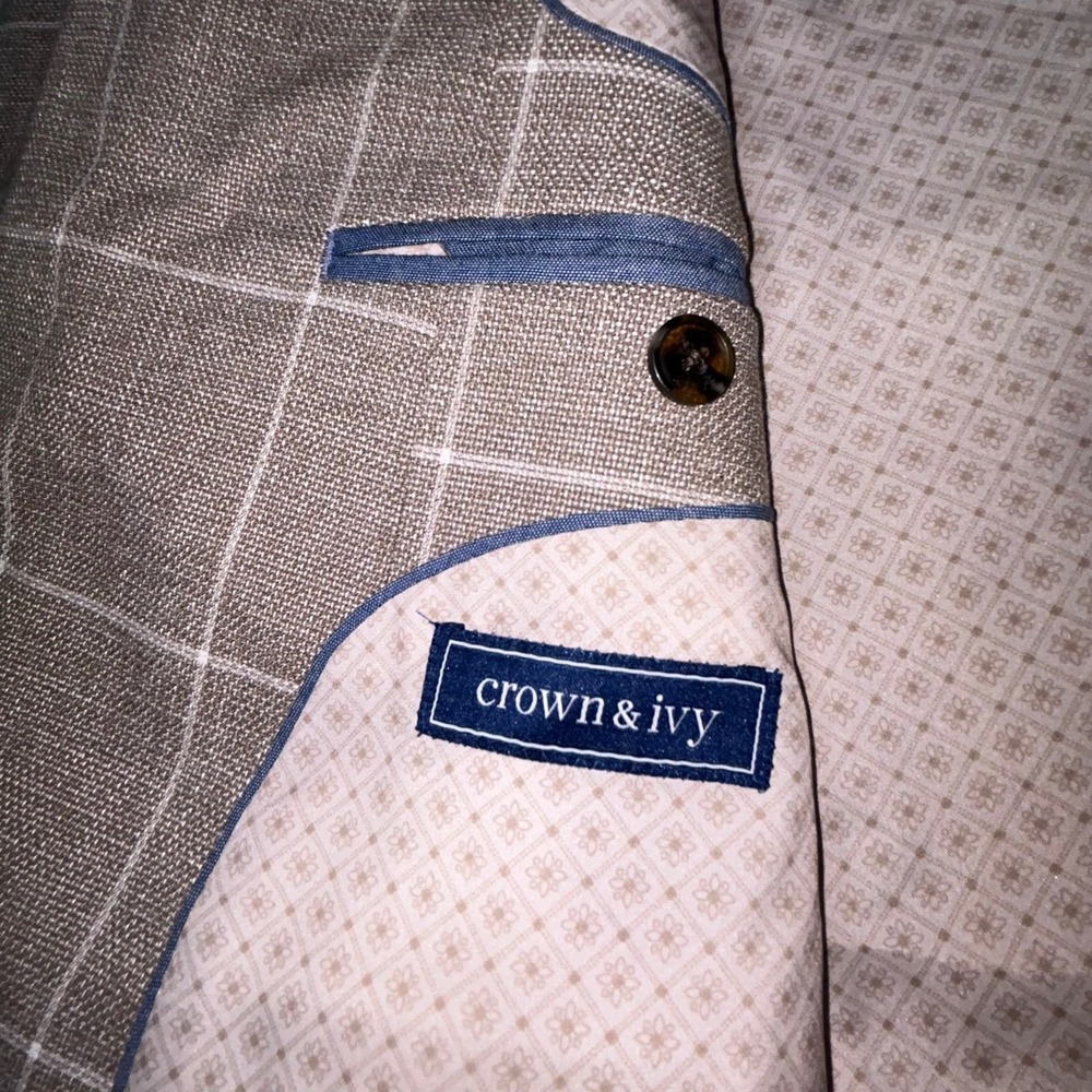 Crown & Ivy Blazer 46R Tan Windowpane Sport Coat Modern Fit Stretch NWT motion - Picture 7 of 16